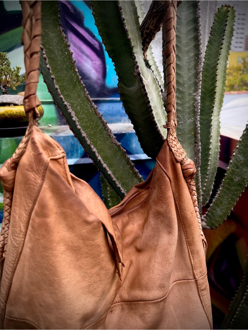 Soft Tan Leather Hobo Tote with Braided Strap - Picture 7 of 13